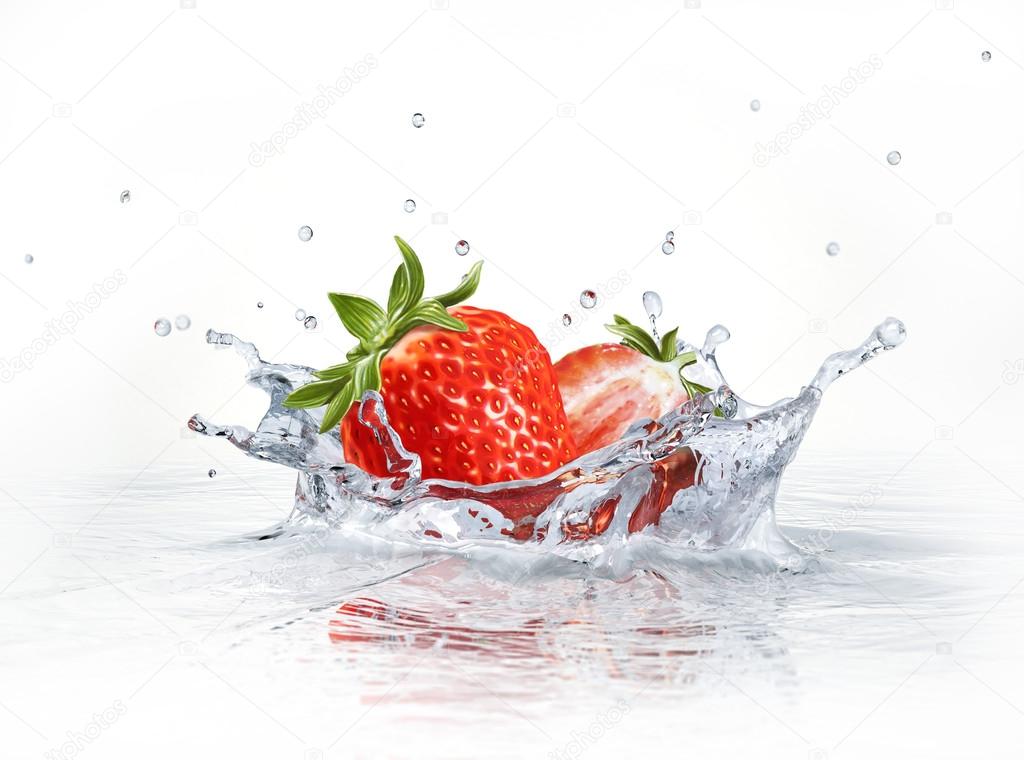 Strawberries falling into clear water, forming a crown splash.
