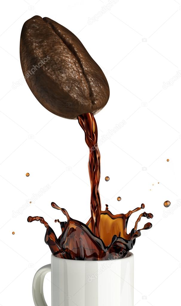 Huge coffee bean with hole pouring coffee into a mug splashing.