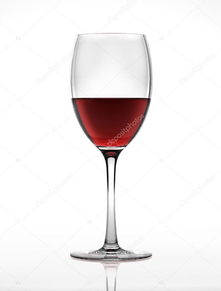 Red wine glass, viewed from a side. On white background.