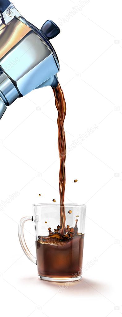 Moka coffee machine pouring coffee into a glass mug splashing.