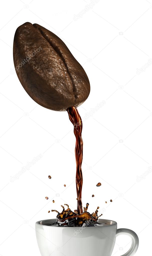 Huge coffee bean with hole pouring coffee into a mug splashing.
