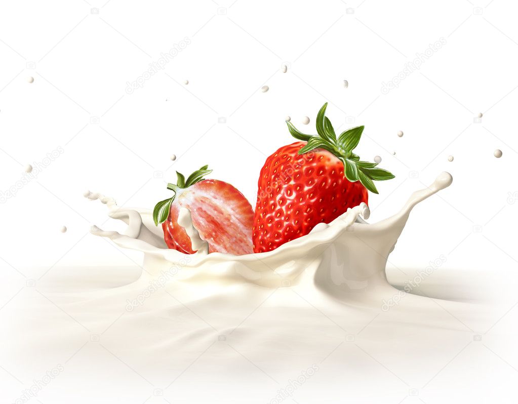 Two strawberries falling into milk splashing.
