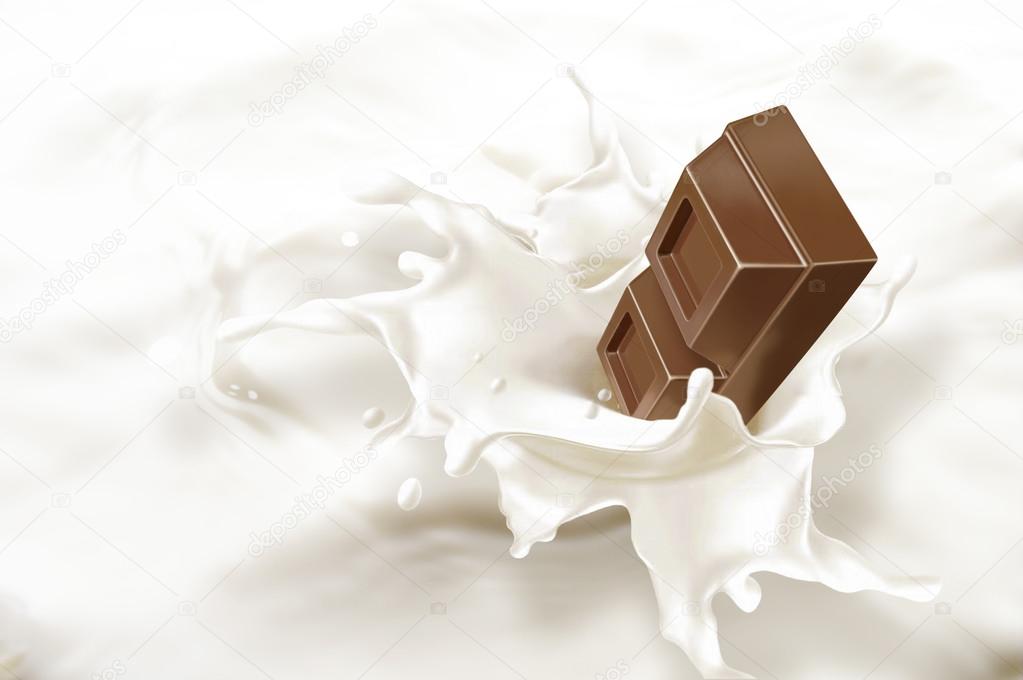 Chocolate block falling into a sea of milk, causing a splash.