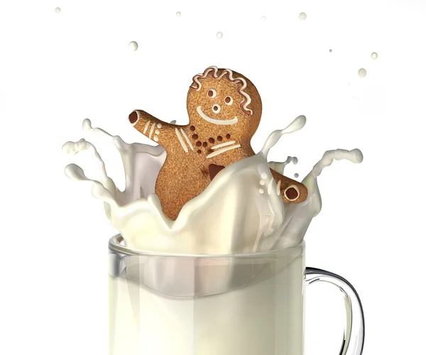 Sweet human character shaped bisquit, splashing into a glass mug — Stock Photo, Image