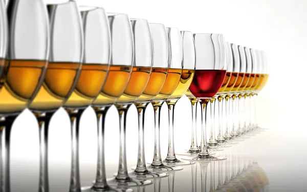 Row of many white wine glasses, with a red one standing out in t — Stock Photo, Image