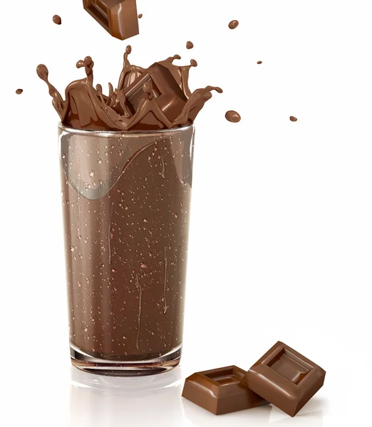 Chocolate cubes splashing into a choco milkshake glass. With two — Stock Photo, Image