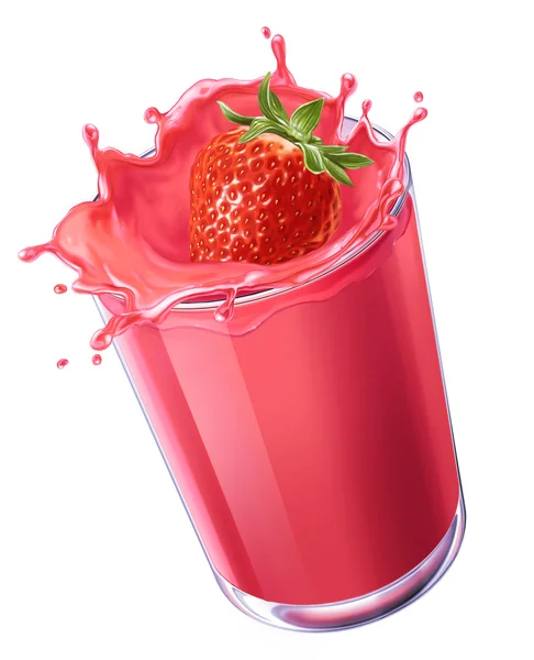 Morango espirrando em um líquido vermelho cremoso em um copo — Fotografia de Stock
