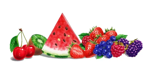 Various fruit composition, on white background. Airbrush illustration — Stock Photo, Image