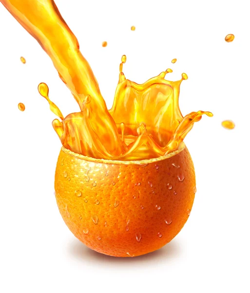 Fruta fresca de laranja cortada ao meio, com um respingo de suco no meio — Fotografia de Stock