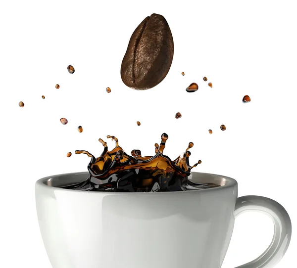 La corona de café salpica en la taza. Vista cercana, con un frijol cayendo — Foto de Stock