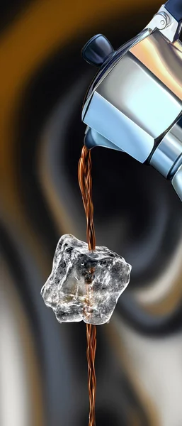 Mokka-Kaffeemaschine, die Kaffee durch einen Eiswürfel gießt. — Stockfoto