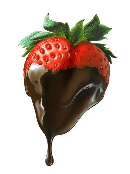 Strawberry shaped as the heart, half covered of liquid chocolate — Stock Photo, Image