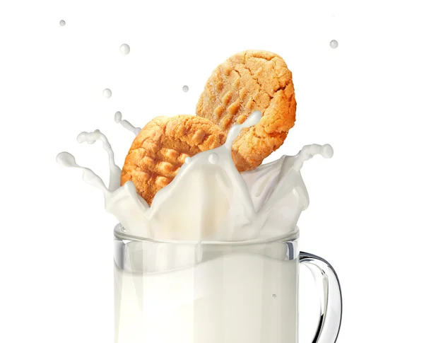 Cam bardağı taze süt dolu düşen iki kurabiye bisküvi — Stok fotoğraf