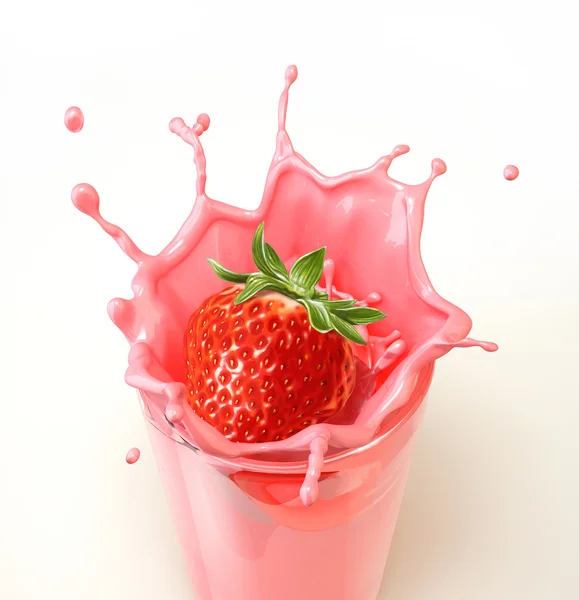Fresa salpicando en un vaso lleno de batido . — Foto de Stock