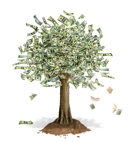 Árbol de dinero con billetes de banco en dólares estadounidenses en lugar de hojas . — Foto de Stock