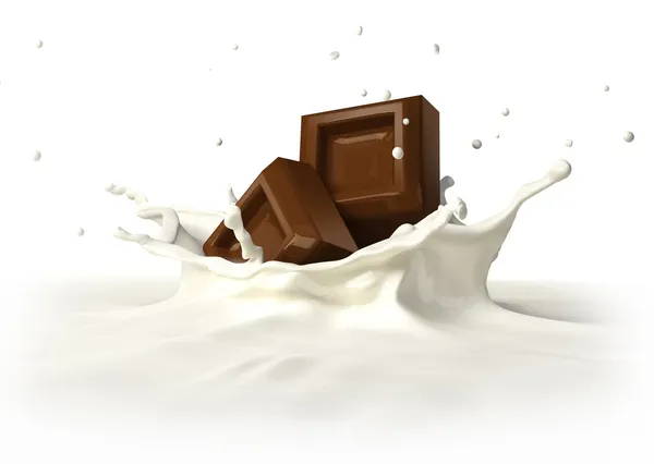 Two chocolate blocks falling into milk splashing. — Stock Photo, Image