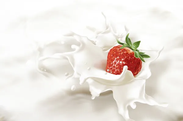 Strawberry falling into a sea of milk, causing a splash. — Stock Photo, Image