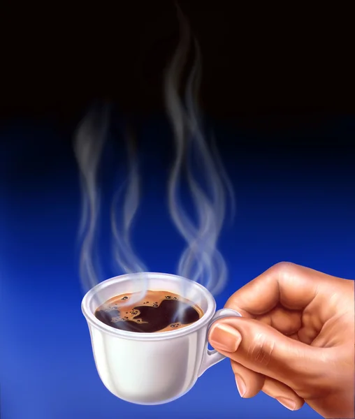 Espresso-kopje, gehouden door de hand van een man. Close-up van airbrush illustratie — Stockfoto