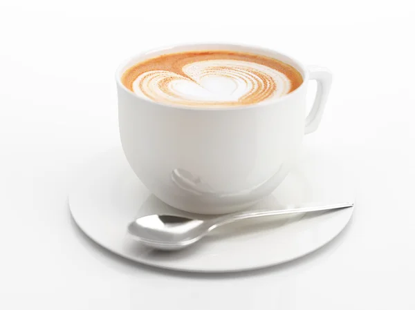 Tasse cappuccino en gros plan, avec un cœur décoré sur le dessus de mousse . — Photo