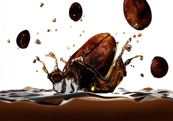 Koffie bean vallen in een donkere vloeistof, vormen een kroon splash, — Stockfoto