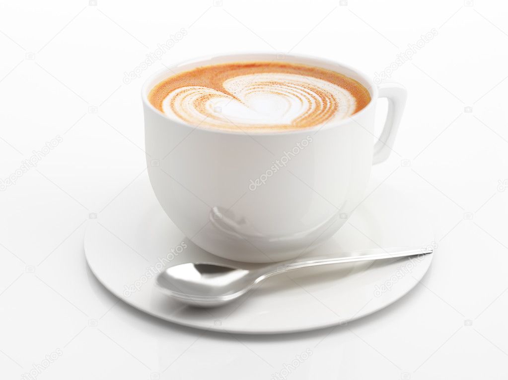 Cappuccino mug close up, with a heart decorated on top of foam.