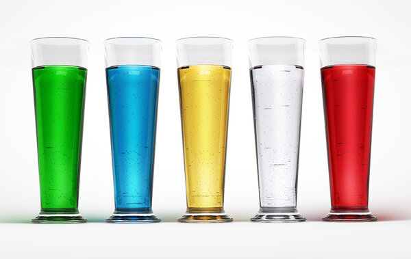 Five tall glasses full of Multicolored liquids.