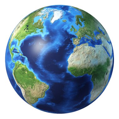 Earth globe, realistic 3 D rendering. Atlantic ocean view.