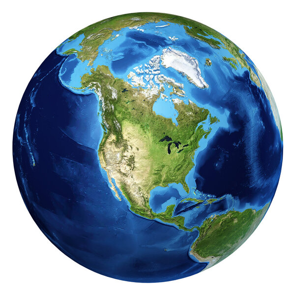 Earth globe, realistic 3 D rendering. North America view.
