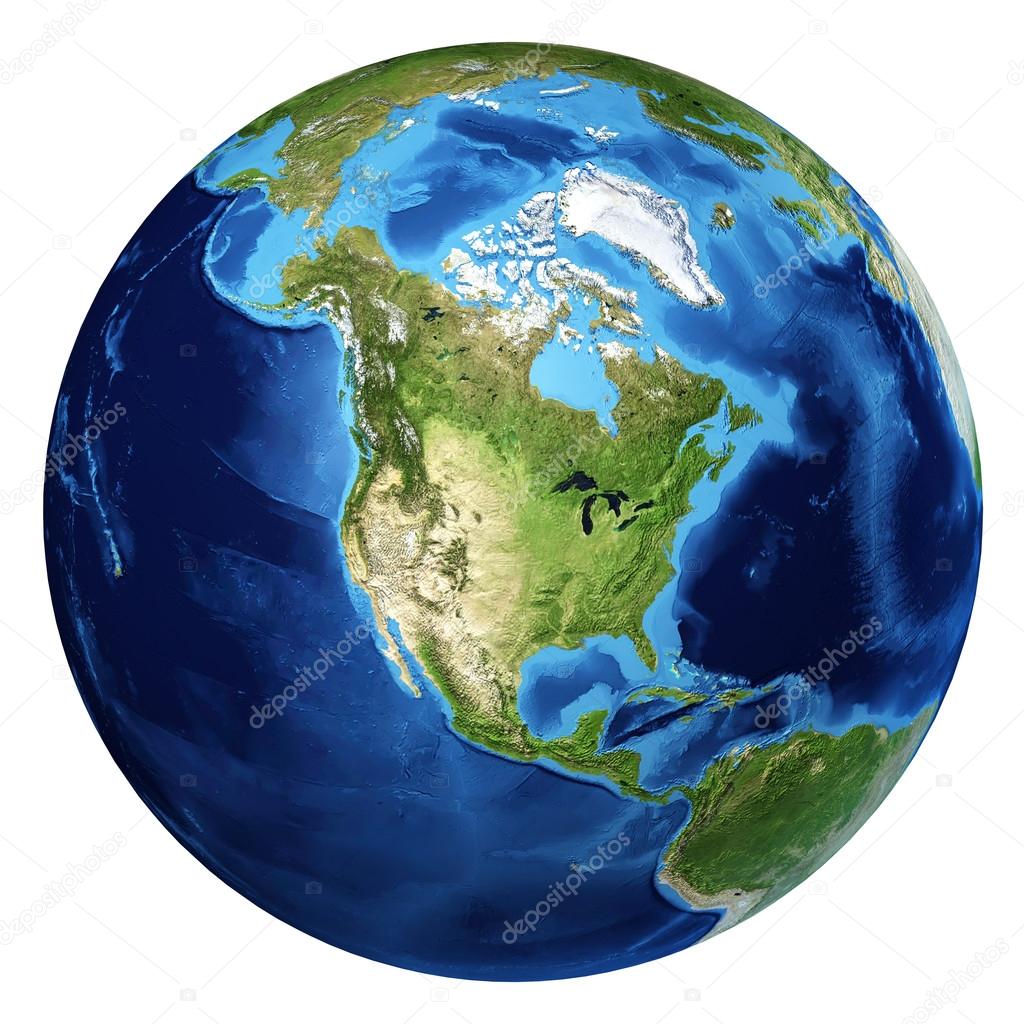 Earth globe, realistic 3 D rendering. North America view.