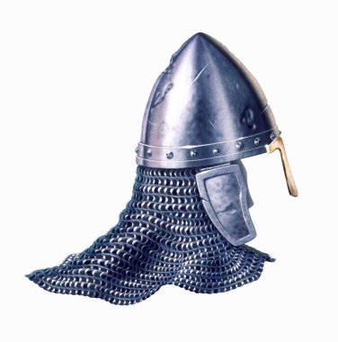Beyaz arka planda orta yaş savaşçı kask.