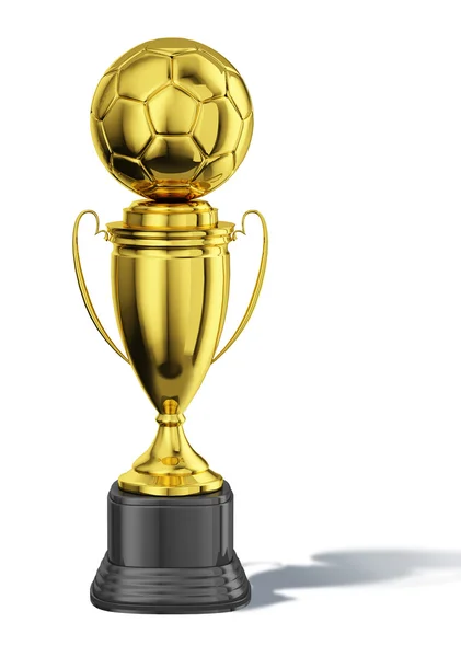 Copa trofeo, con una pelota de fútbol en la parte superior . — Foto de Stock