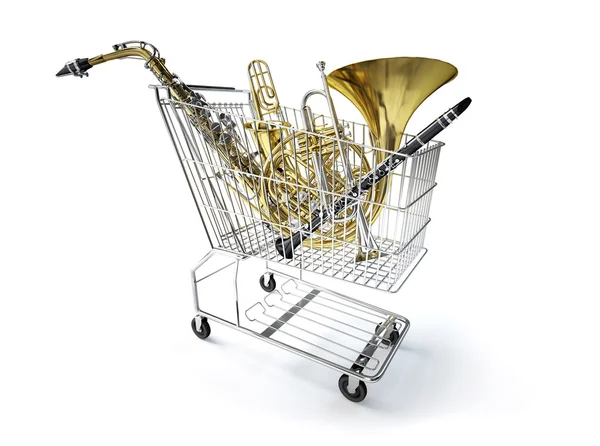 Supermarket trolley, full of wind musical instruments. — Stock Photo, Image