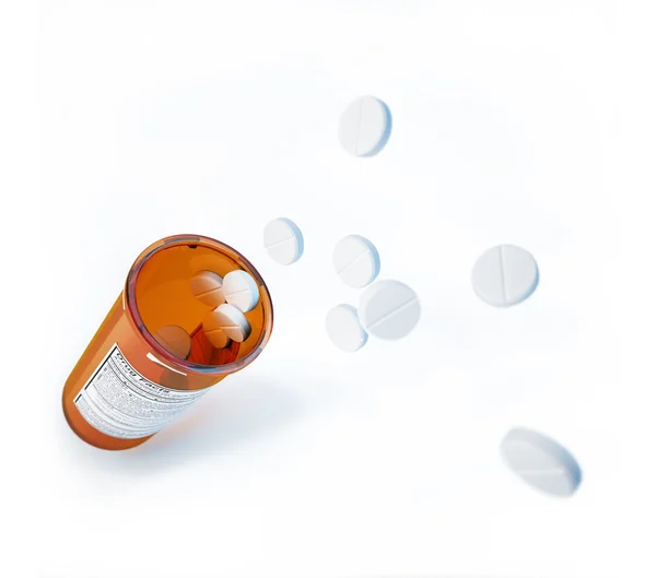 Gruppe weißer Medikamententabletten, die aus der orangefarbenen Öffnung springen. — Stockfoto