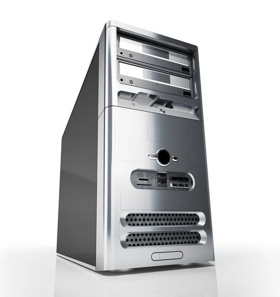 PC tower desktop. Silver on white background. — Stock Photo, Image