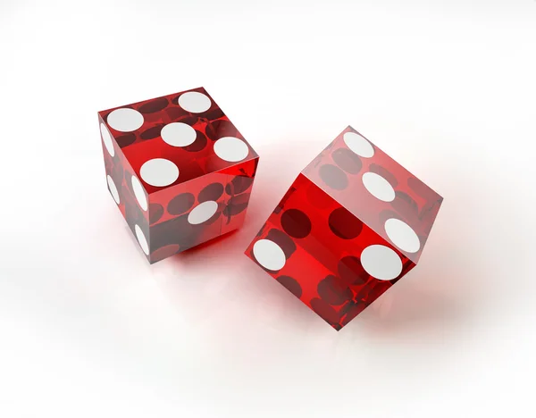 Δύο ζάρια καζίνο κόκκινο σε δράση, σε λευκή επιφάνεια. — Φωτογραφία Αρχείου