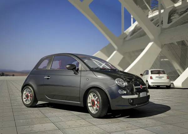 Fiat 500 stadsbil, utanför en modern industriell byggnad miljö — Stockfoto