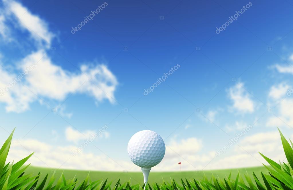 Green Golf court with close up on grass and ball on tee.