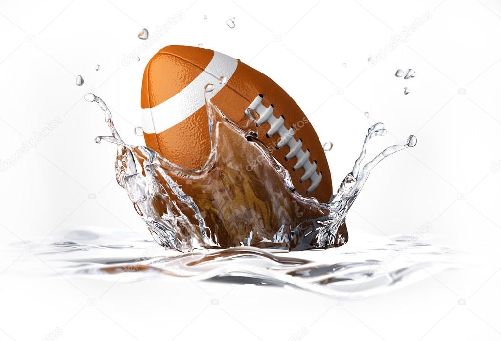 American football ball, falling into clear water, forming a crow