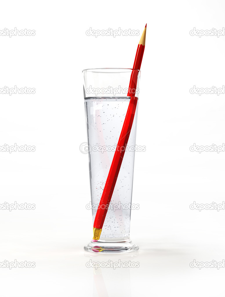 Tall glass of water, with a red pensil inside.