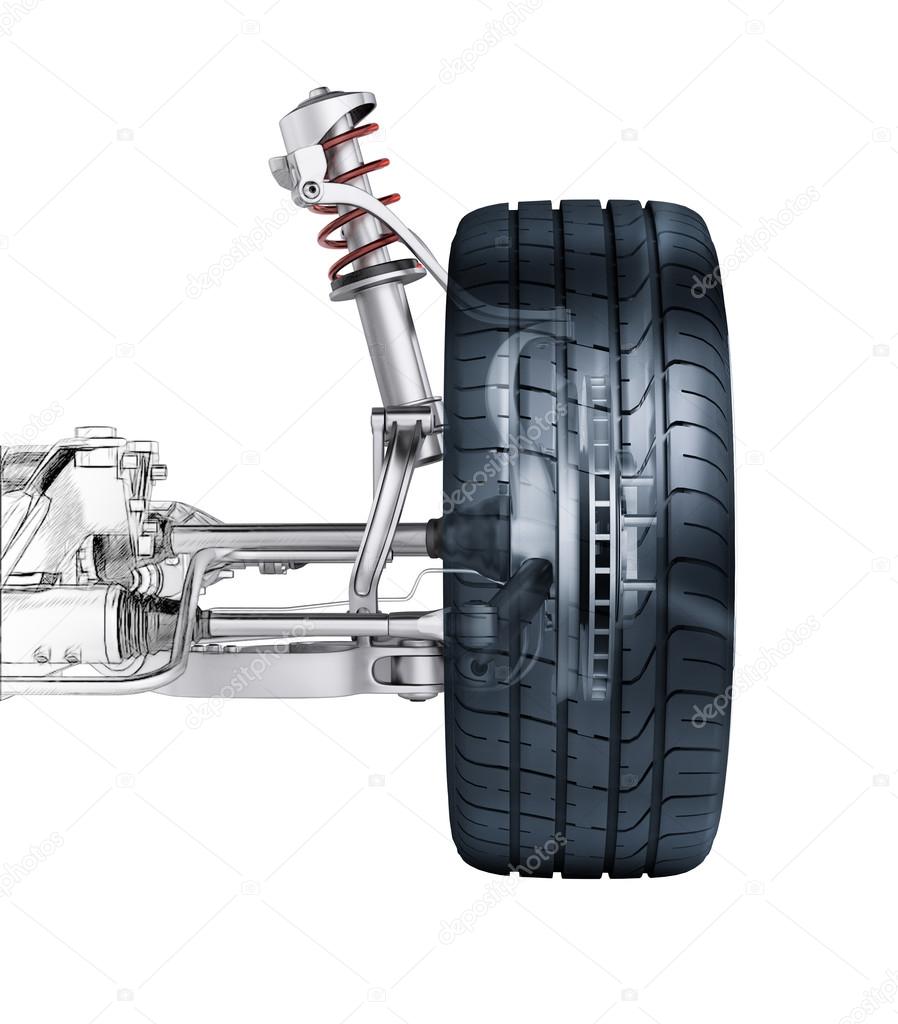 Multi link front car suspension, with brake. Photorealistic 3 D — Stock