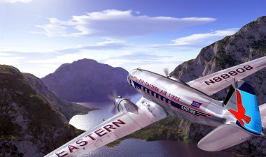 DC3 flying over mountains and lake, with blue sky and clouds on background clipart