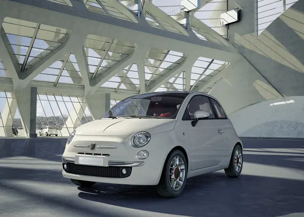 Fiat 500 citadine, seule au milieu d'un immense bâtiment moderne — Photo