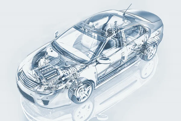 Generieke sedan gedetailleerd cutaway vertegenwoordiging, met ghost effect. — Stockfoto