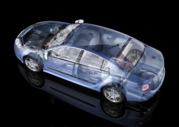 Generic sedan car detailed cutaway representation, with ghost effect