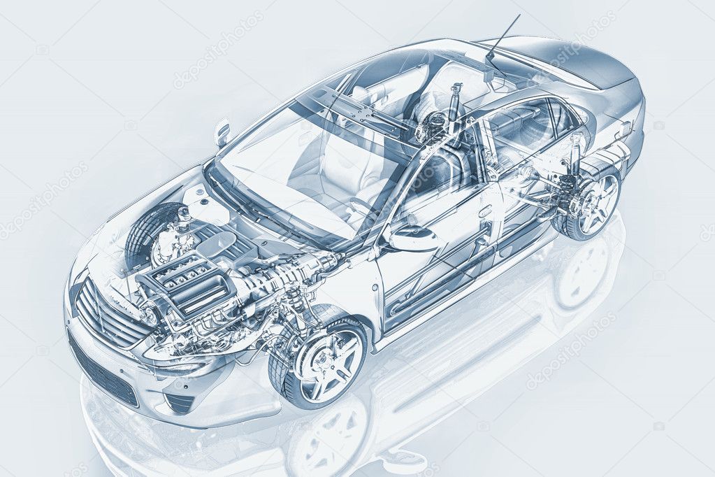 Generic sedan car detailed cutaway representation, with ghost effect.