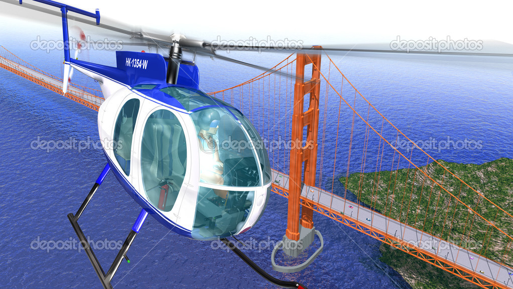 Helicopter flying over the Golden Gate bridge. Brid eye view wit