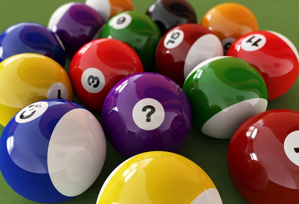 Группа бильярдных шаров с номерами, на зеленом столе ковра, Whe — стоковое фото