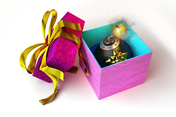 Caja de regalo abierta con bomba en el interior, sobre superficie blanca . — Foto de Stock