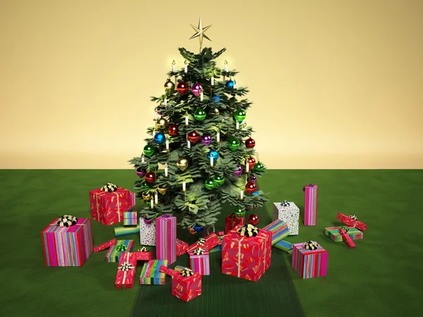 Christmass tree with several gifts, on a green carpet — Stock Photo, Image