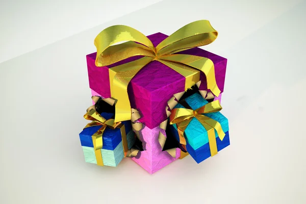 Gift box with two smaller gifts blowing out from it. — Stock Photo, Image
